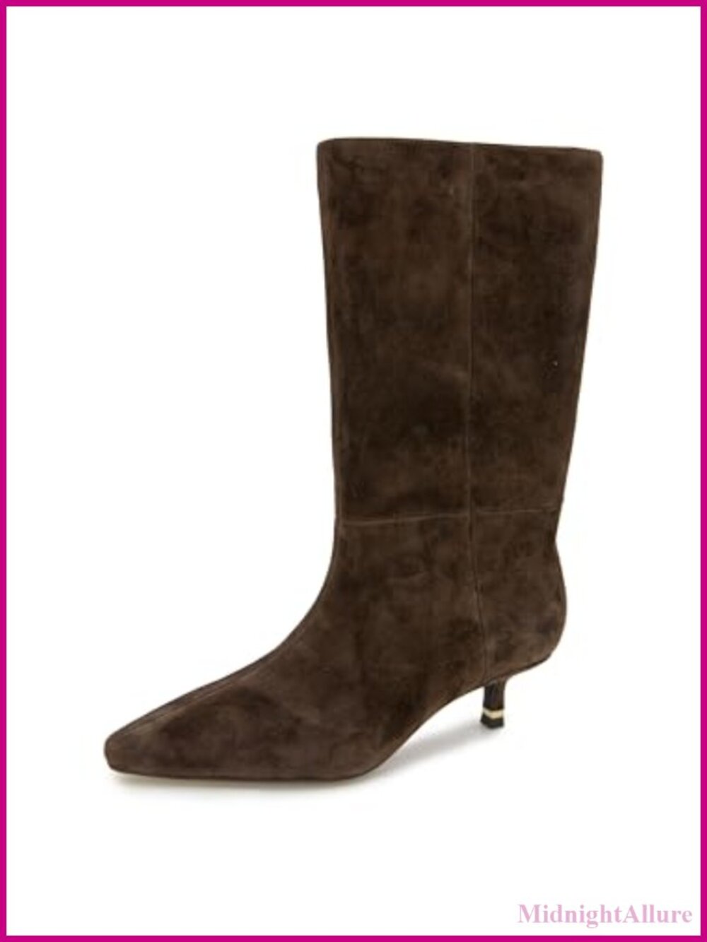 Pointed Toe Mid Calf Pull On Stretch Suede Boots Kitten Heel